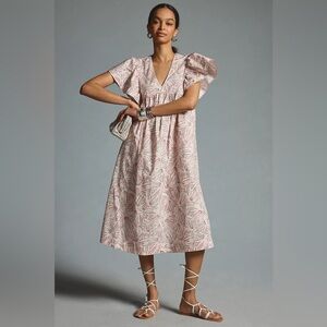 Maeve by Anthropologie Printed Flutter-Sleeve Babydoll Dress Size Small